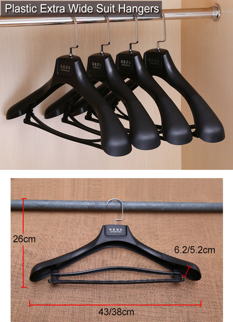 San Rong Plastic Extra Wide Suit Hangers, Pack of 15, Width: 17.7,Notched Shoulders & Swivel Hooks, Black