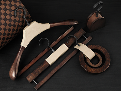 High Grade Luxury Wooden PU Leather Suit Hanger Set for Wardrobe