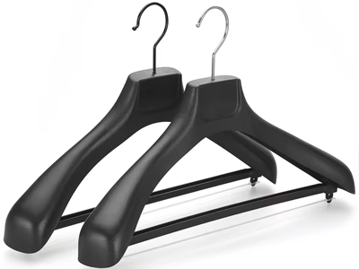 Wide Shoulder Black Coat Plastic Hanger with Non Slip Pants Bar